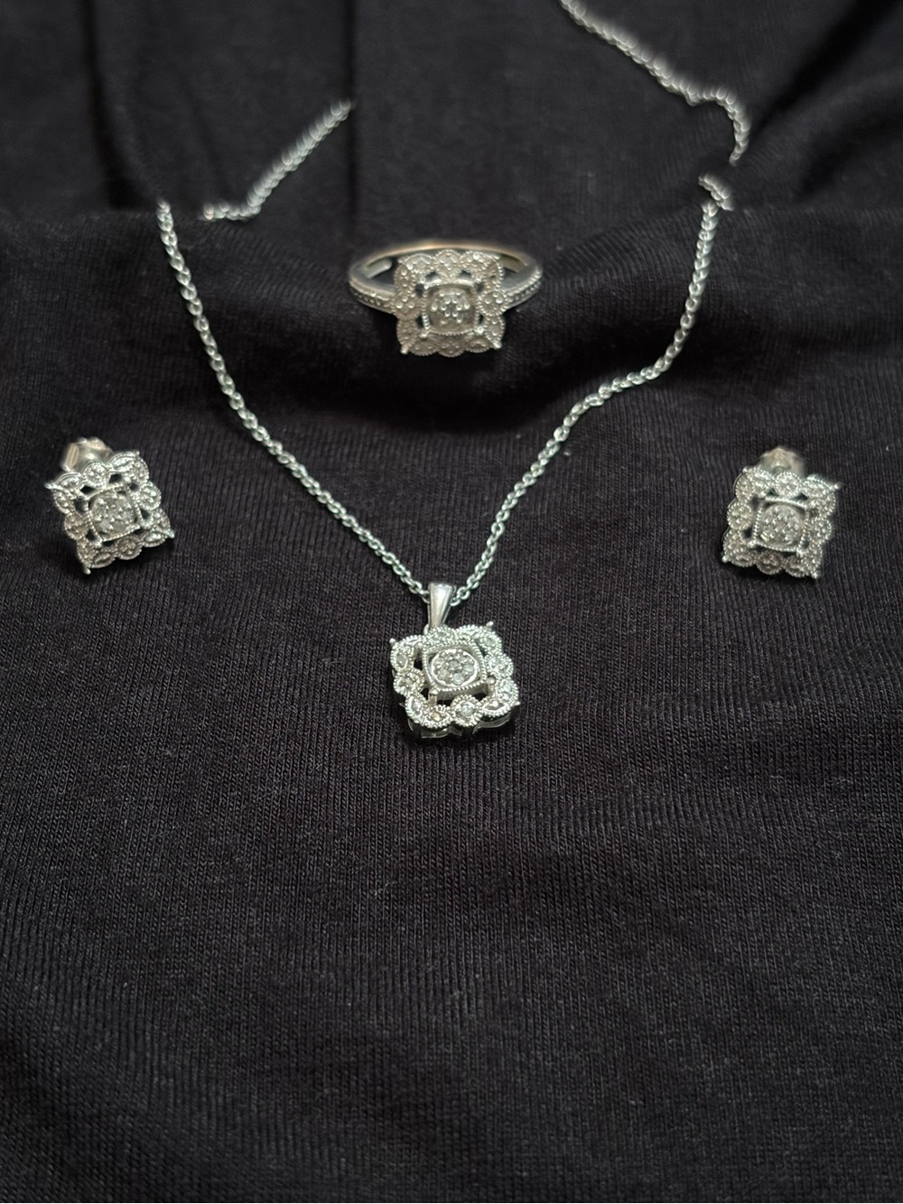 Sterling Silver Floral Halo Necklace, Ring & Earrings Set - White